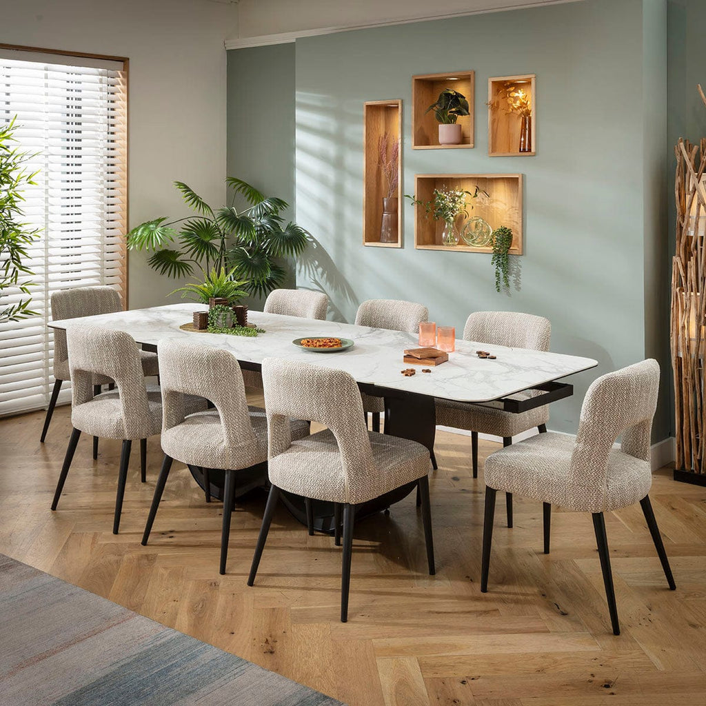 Ensemble de salle à manger extensible Evie &amp; Hugo, grand modèle 8 places, en céramique marron et blanc mat