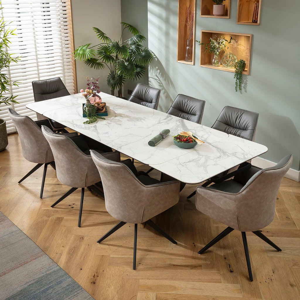 Ensemble de salle à manger extensible Millie &amp; Hugo, grand modèle 8 places, en céramique grise et blanche mate
