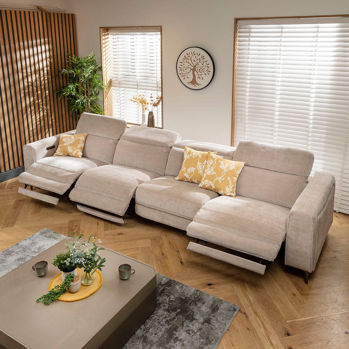 Canapé 4 places Florance, 3 fauteuils inclinables, gris mastic, 374 x 105 cm