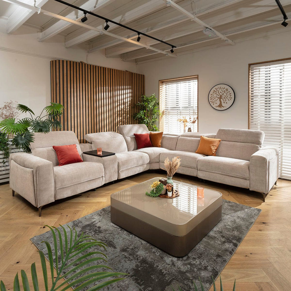 Canapé d'angle inclinable 5 places Florance avec console de rangement, gris mastic, 342 x 309 cm