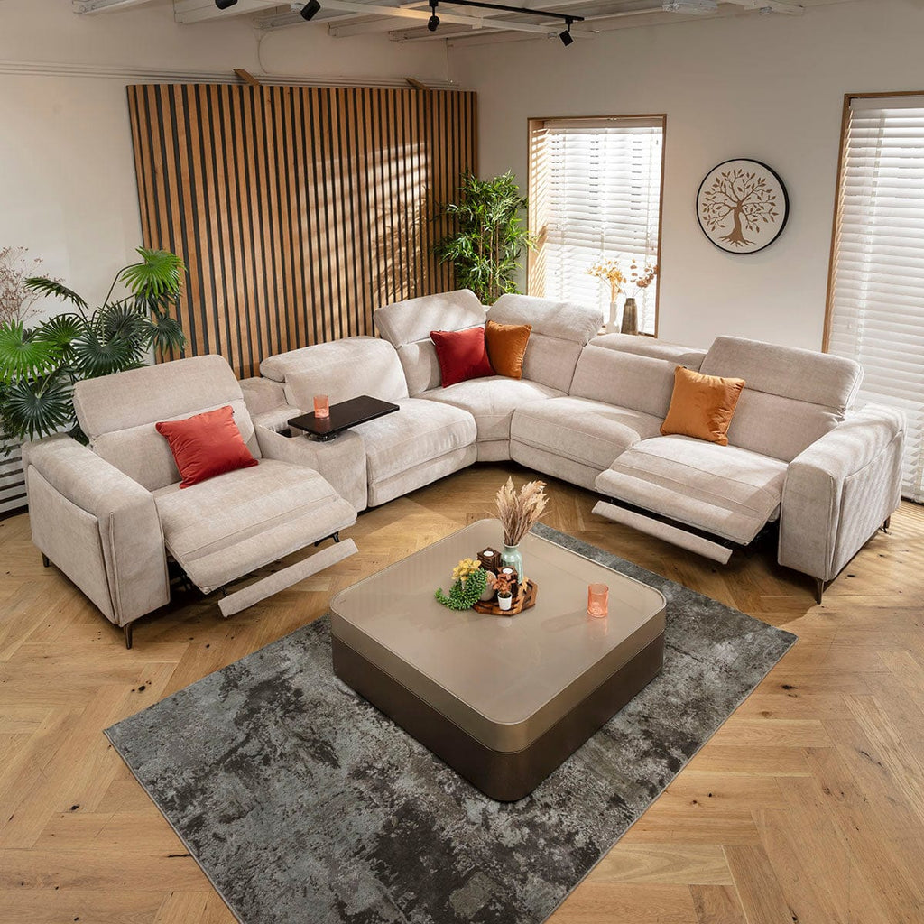 Canapé d'angle inclinable 5 places Florance avec console de rangement, gris mastic, 342 x 309 cm