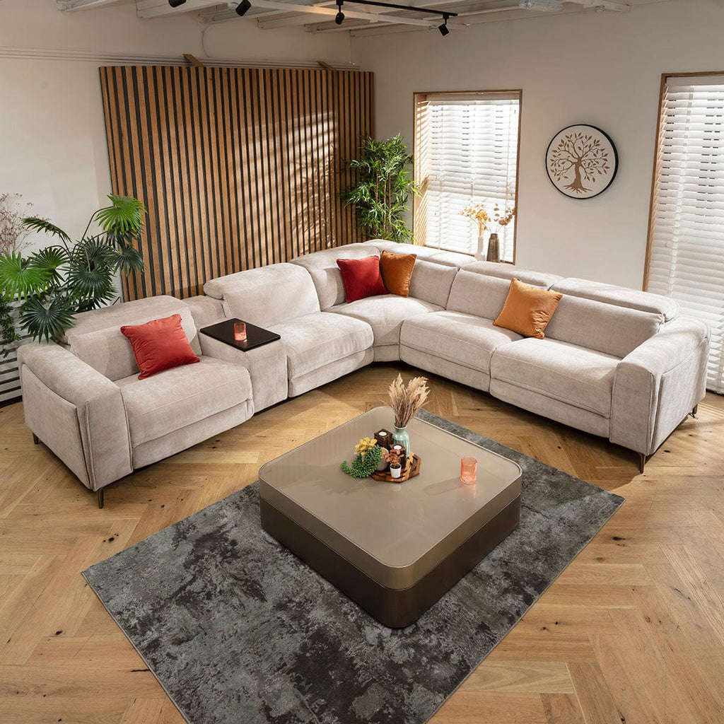 Canapé d'angle inclinable 5 places Florance avec console de rangement, gris mastic, 342 x 309 cm