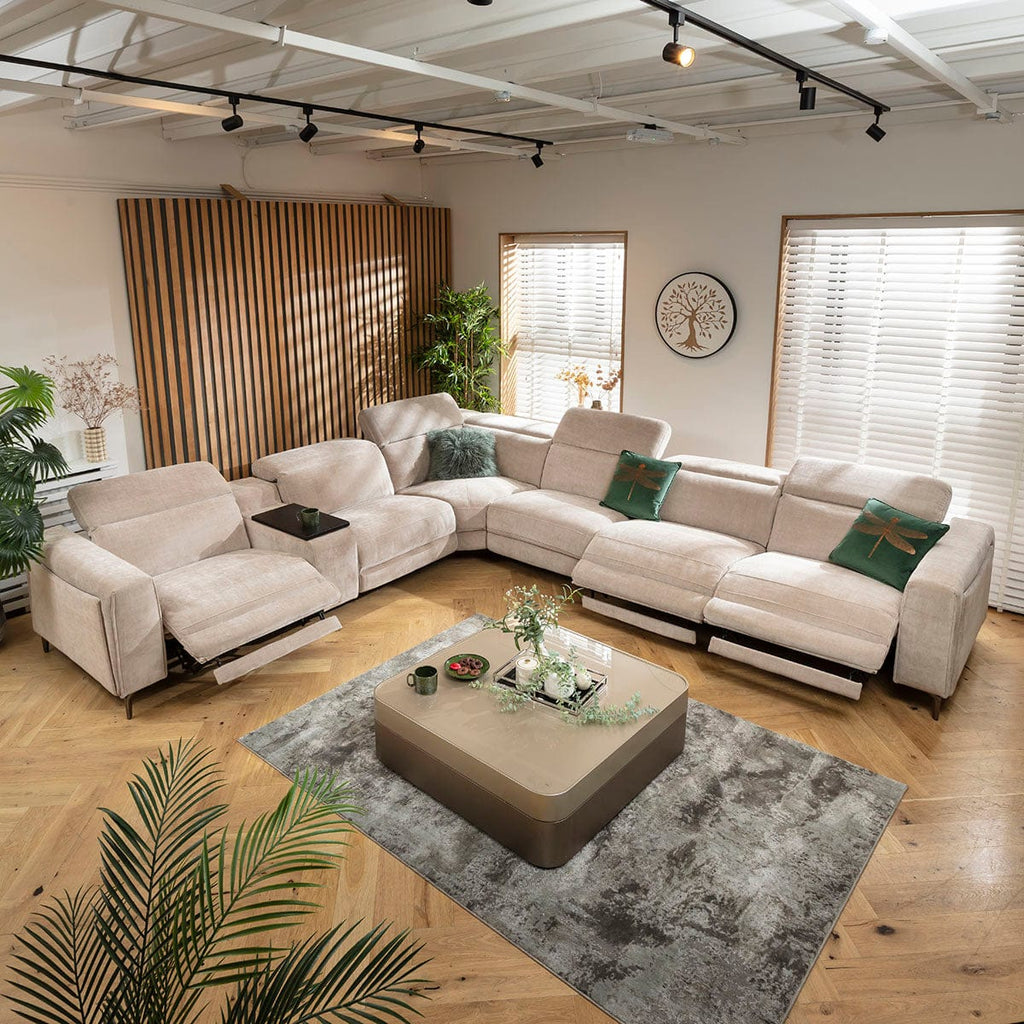 Canapé d'angle Florance 6 places avec triple relax et console de rangement, gris mastic, 391 x 342 cm