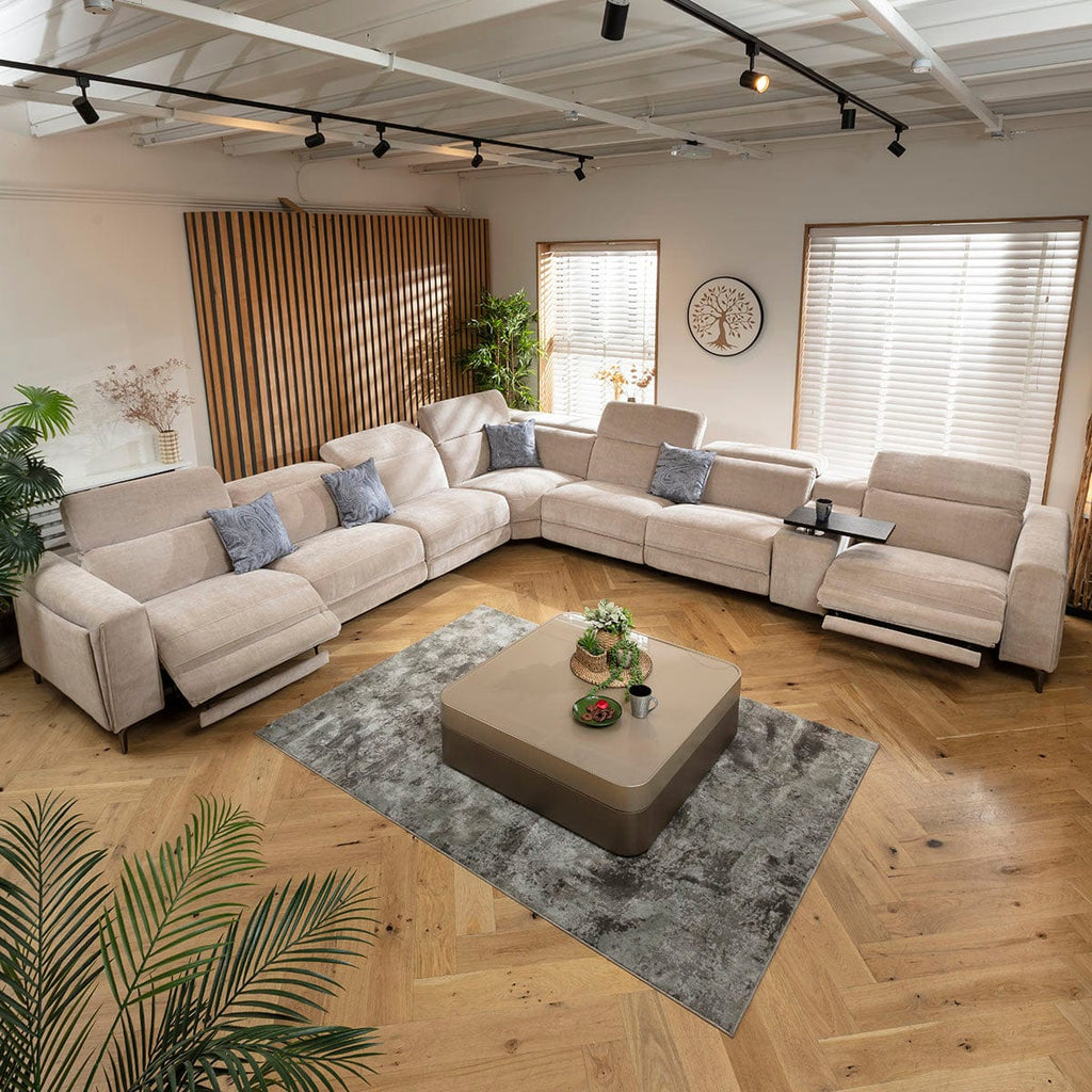 Canapé d'angle Florance 7 places avec trois fauteuils inclinables et console de rangement, gris mastic, 424 x 391 cm