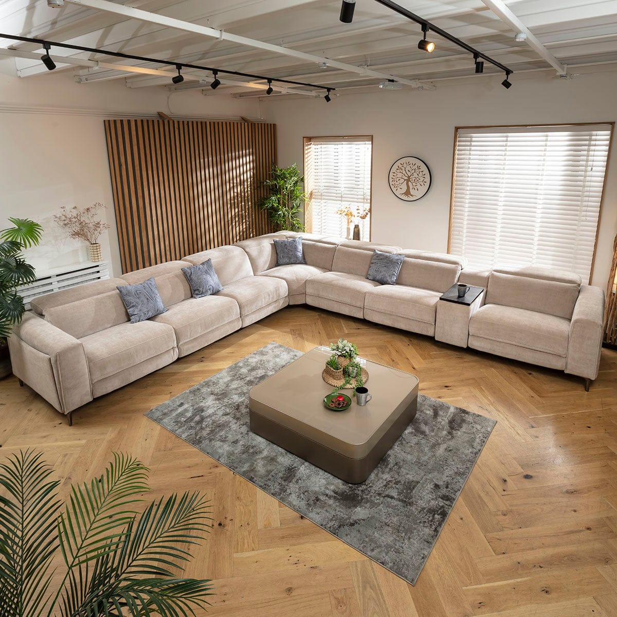 Canapé d'angle Florance 7 places avec quatre fauteuils inclinables et console de rangement, gris mastic, 424 x 391 cm