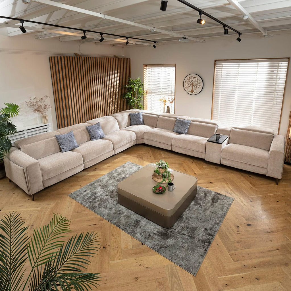 Canapé d'angle Florance 7 places avec trois fauteuils inclinables et console de rangement, gris mastic, 424 x 391 cm