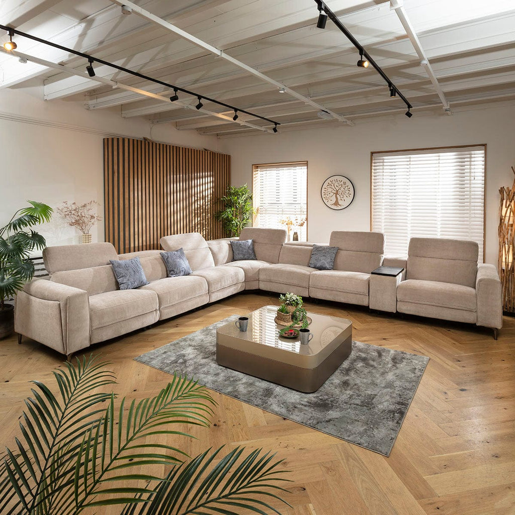 Canapé d'angle Florance 7 places avec trois fauteuils inclinables et console de rangement, gris mastic, 424 x 391 cm