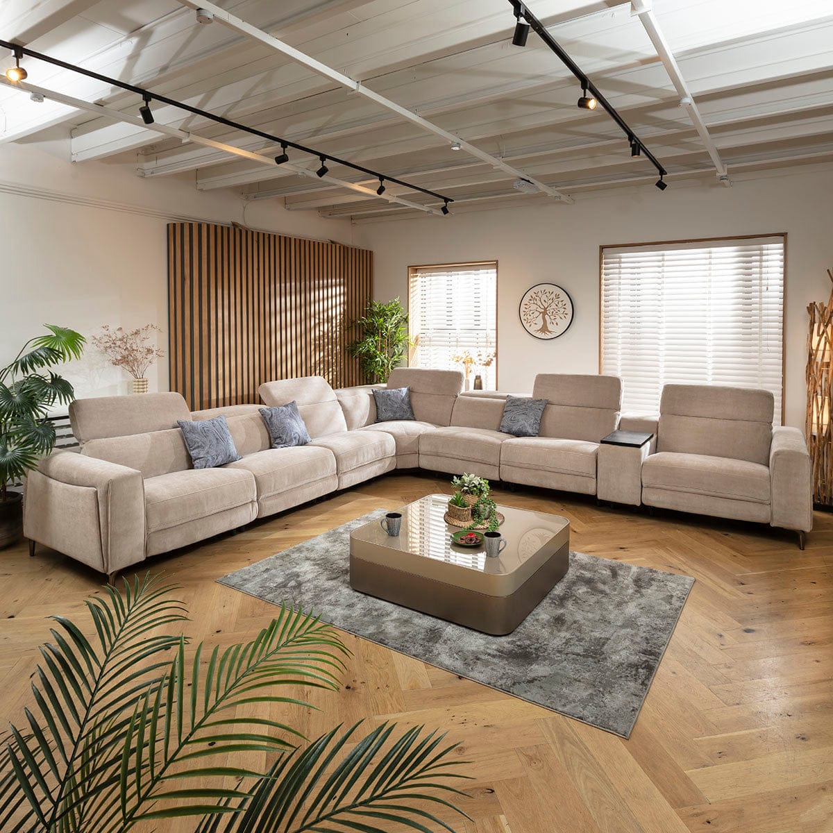 Canapé d'angle Florance 7 places avec trois fauteuils inclinables et console de rangement, gris mastic, 424 x 391 cm