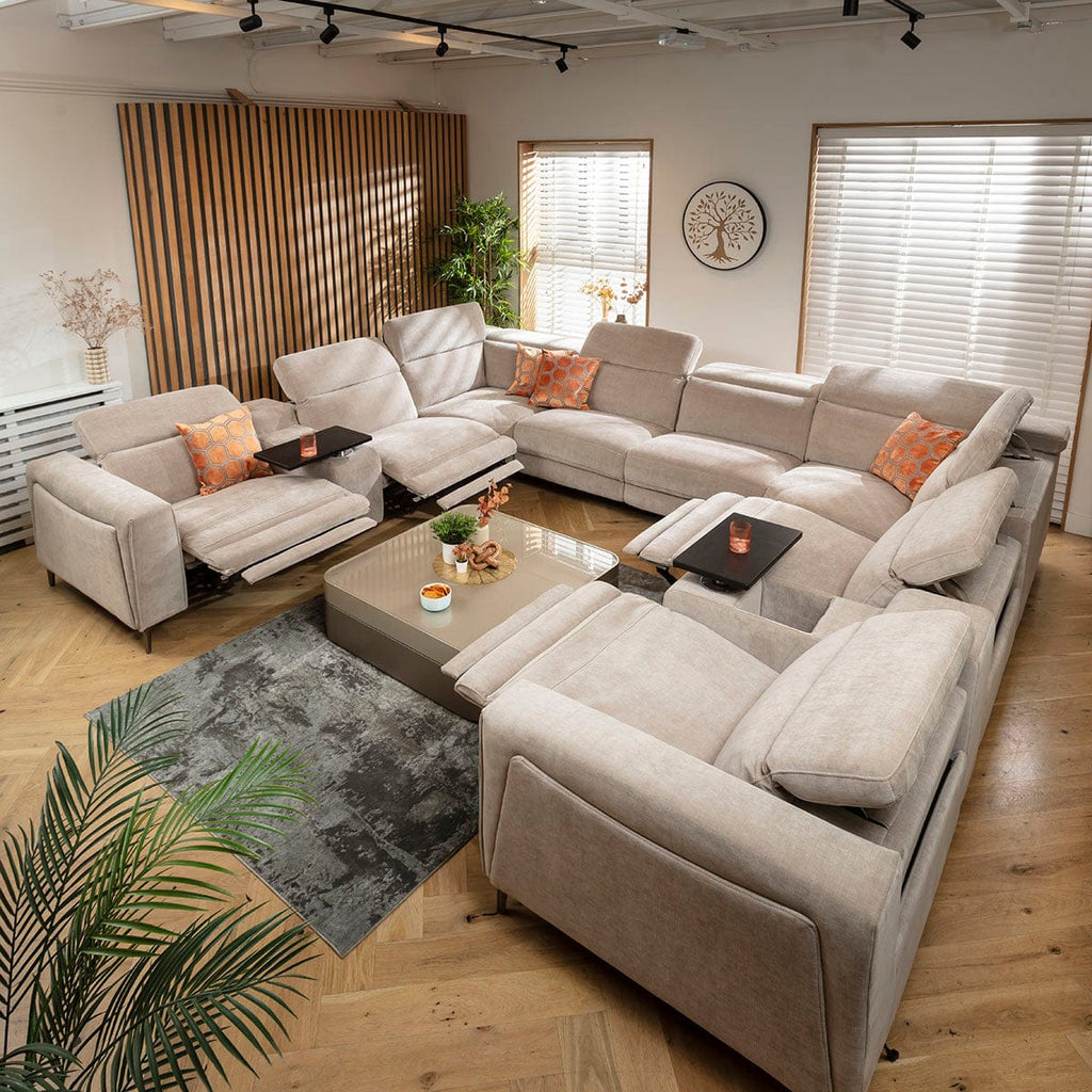 Canapé d'angle Florance 8 places avec fauteuils inclinables quadruples et console de rangement, gris mastic, 408 x 342 cm