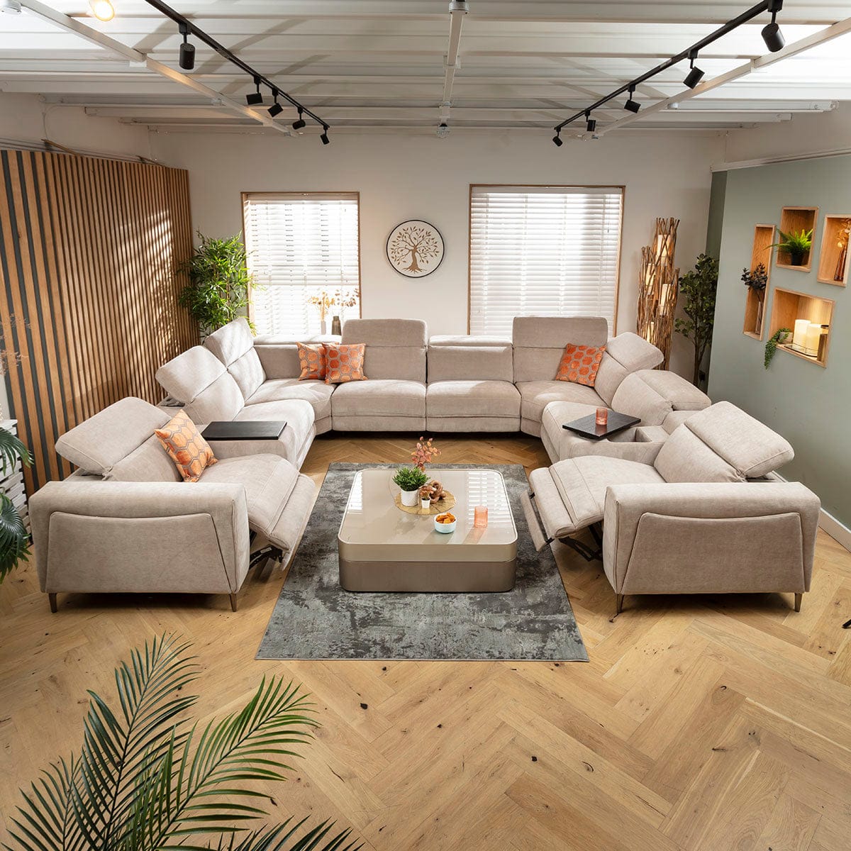 Canapé d'angle Florance 8 places avec fauteuils inclinables quadruples et console de rangement, gris mastic, 408 x 342 cm