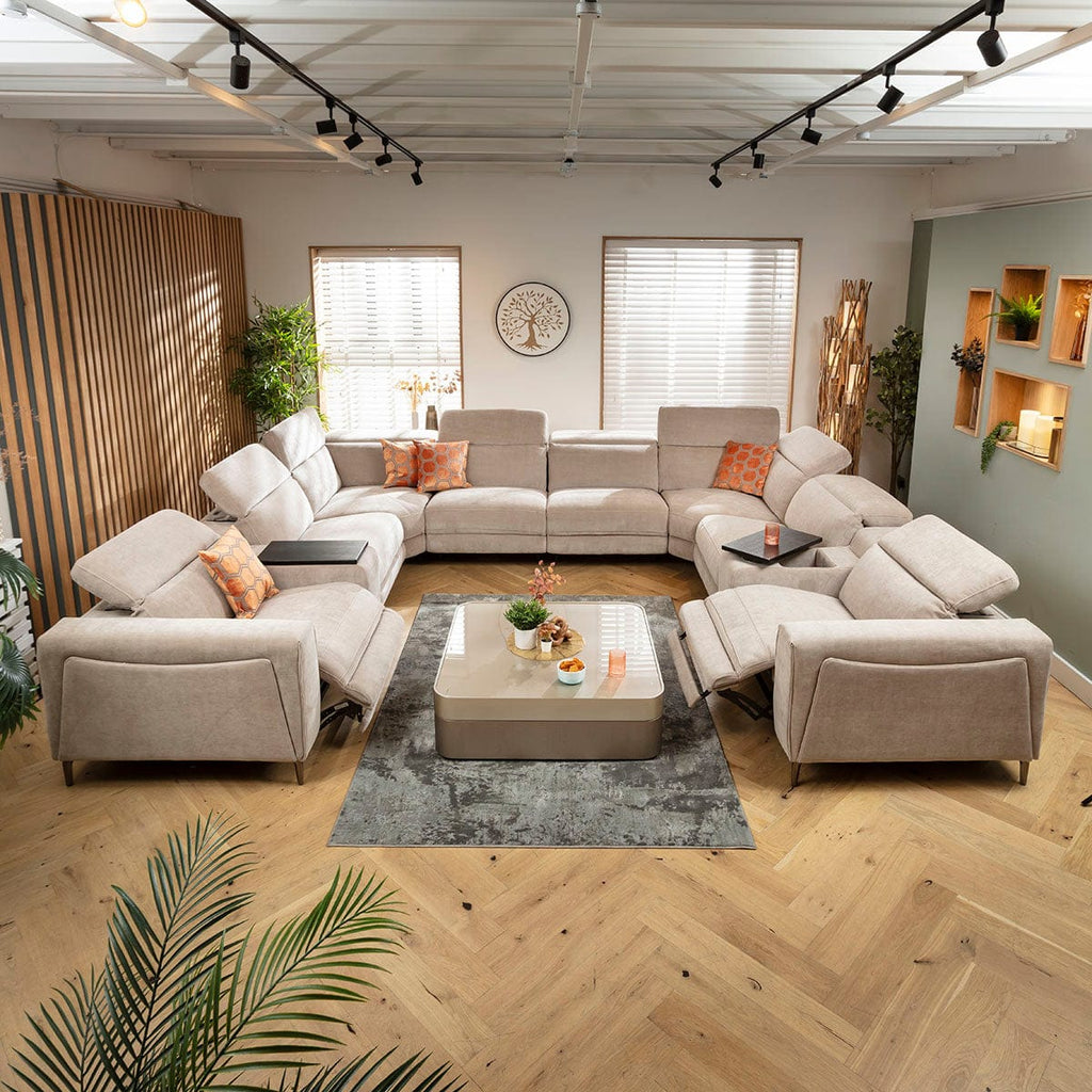 Canapé d'angle Florance 8 places avec trois fauteuils inclinables et console de rangement, gris mastic, 408 x 342 cm