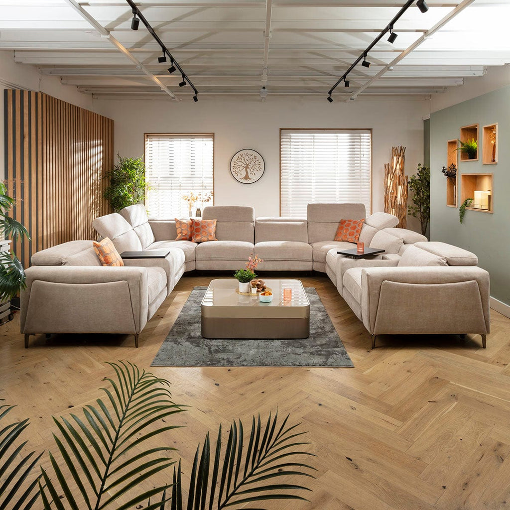 Canapé d'angle Florance 8 places avec fauteuils inclinables quadruples et console de rangement, gris mastic, 408 x 342 cm