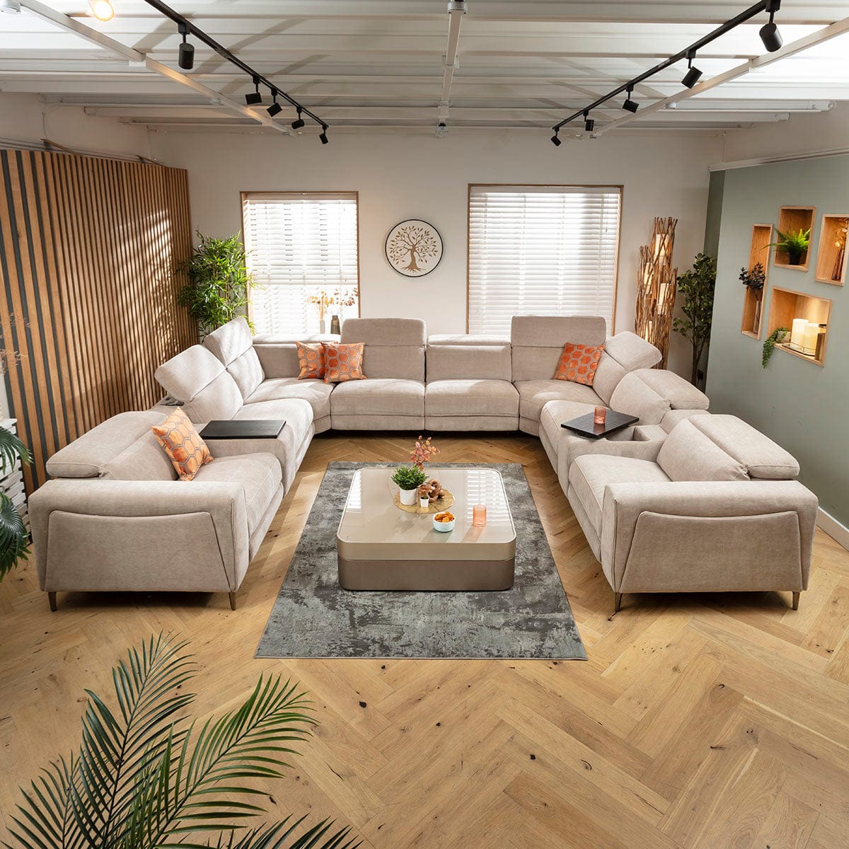 Canapé d'angle Florance 8 places avec trois fauteuils inclinables et console de rangement, gris mastic, 408 x 342 cm