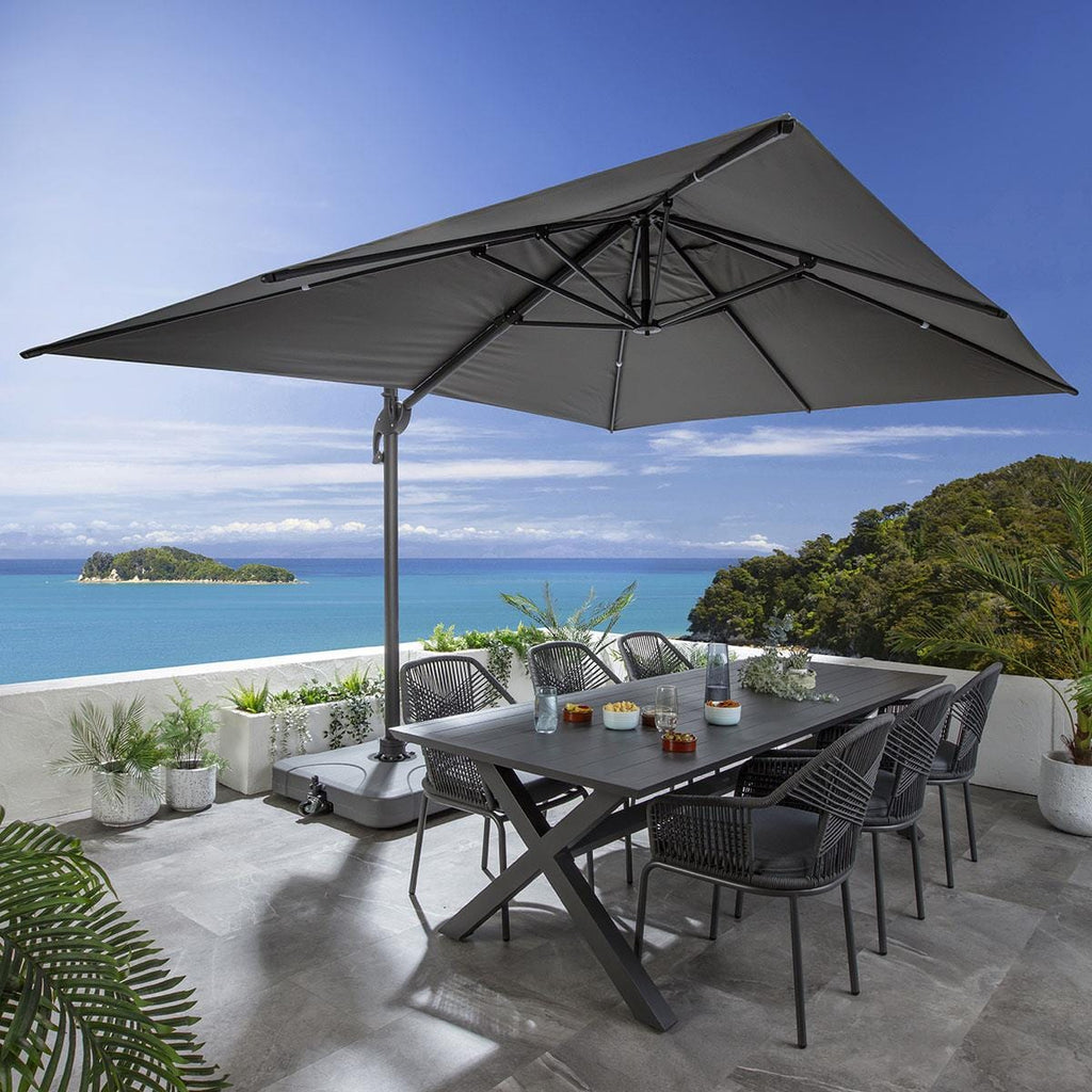 Parasol de jardin déporté Sun grand format avec base, gris, 300 x 400 cm