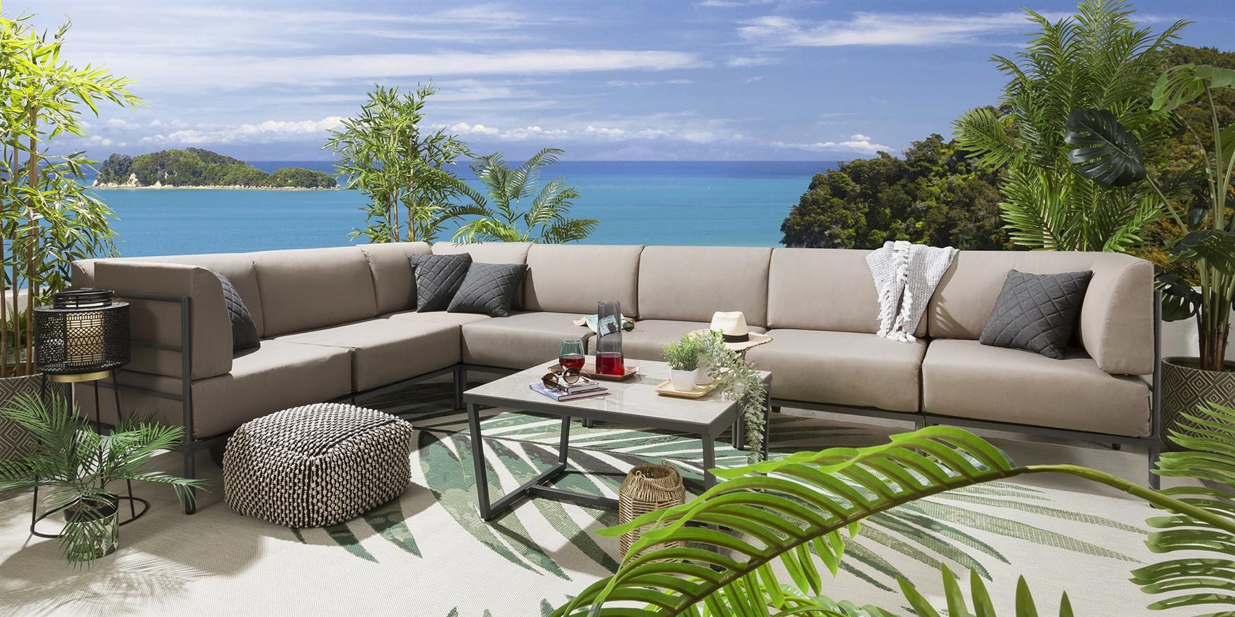 Ensemble canapé d'angle de jardin modulaire Alfie couleur café 360 x 216 cm L8