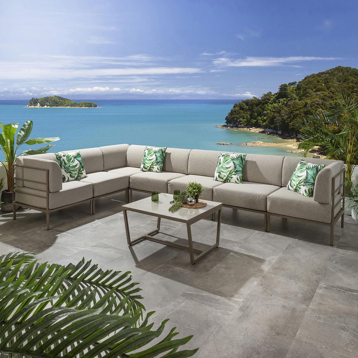 Ensemble canapé d'angle de jardin modulaire Alfie, couleur crème latte, 360 x 216 cm, longueur 8