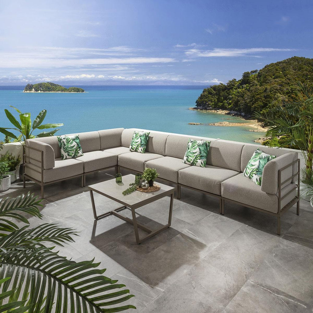 Ensemble canapé d'angle de jardin modulaire Alfie, couleur crème latte, 360 x 216 cm, longueur 8