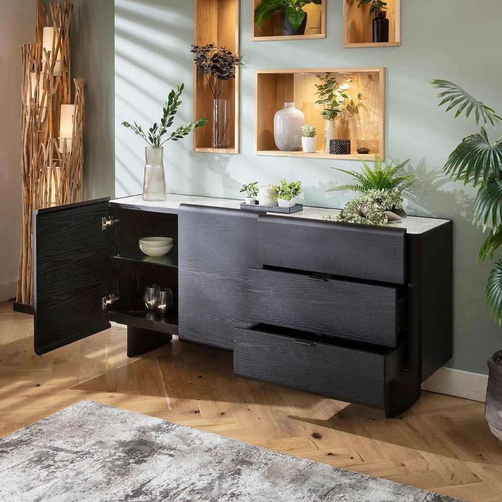 Buffet moderne Hastings grand format en chêne noir et céramique, 180 x 45 cm