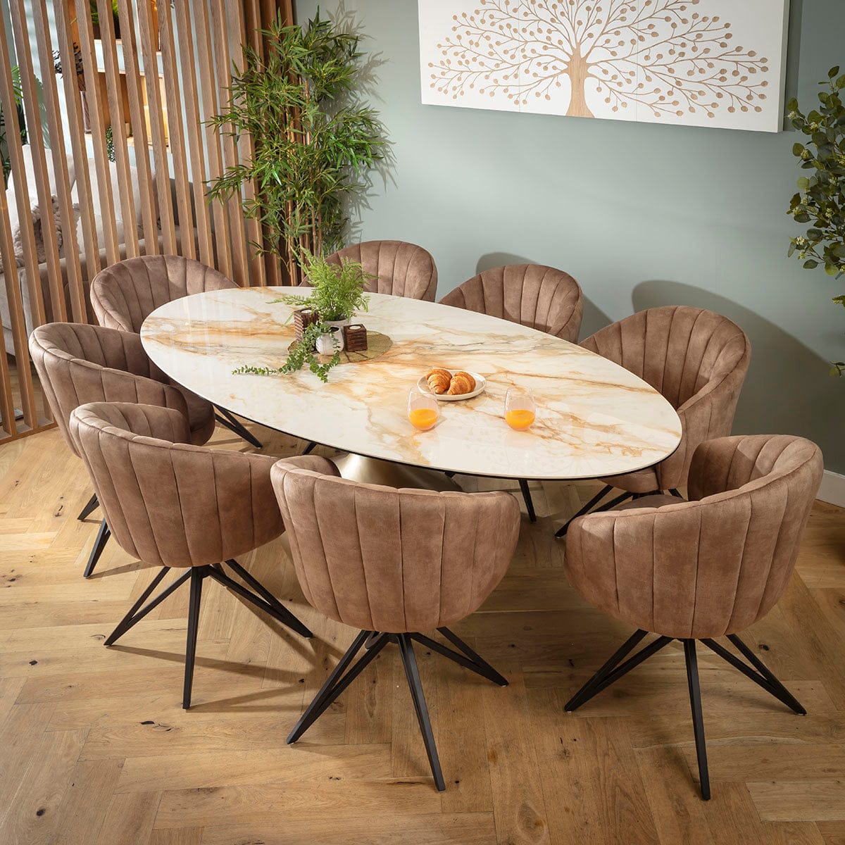 Ensemble de salle à manger ovale 8 places Hattie &amp; Venusia, en céramique marron et blanche