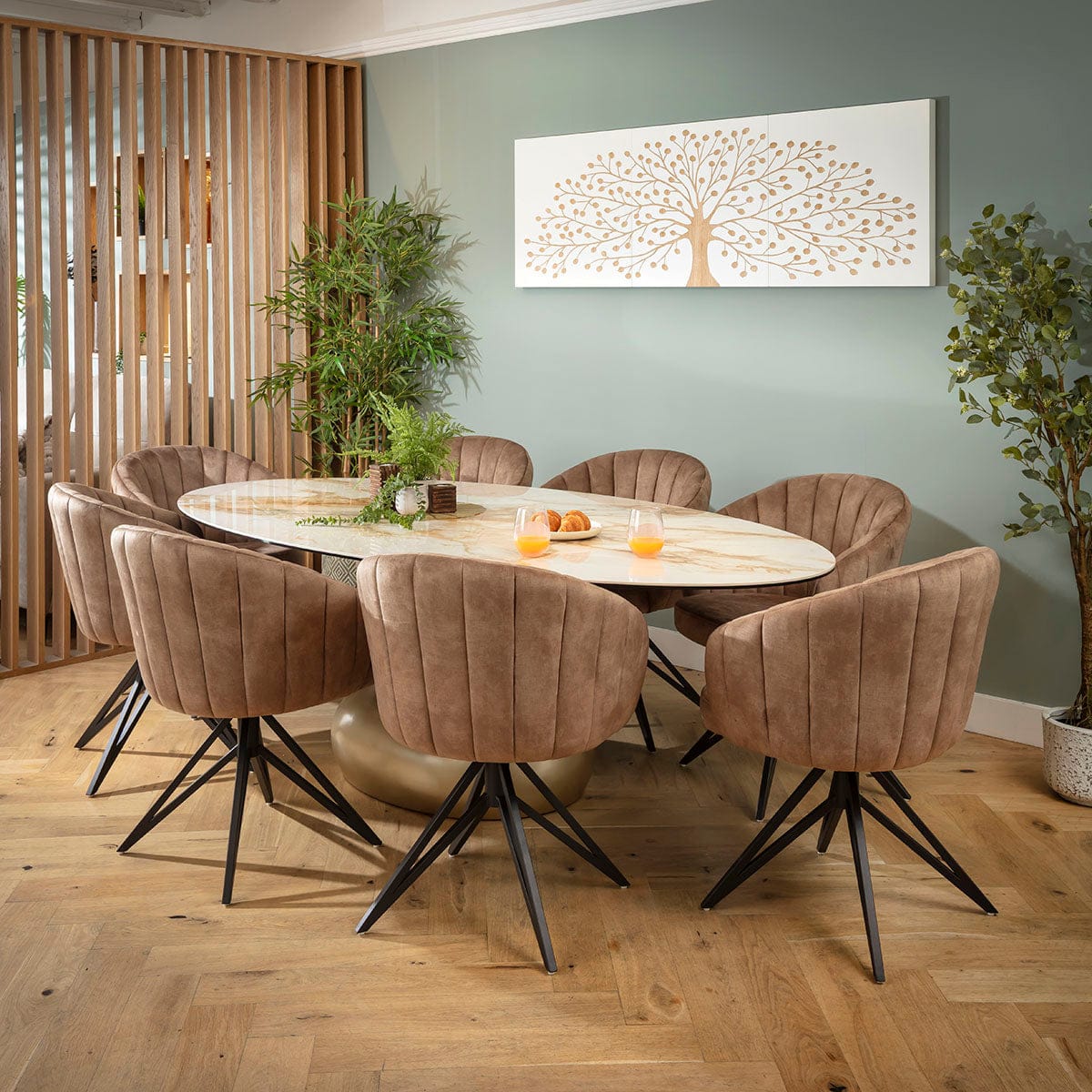 Ensemble de salle à manger ovale 8 places Hattie &amp; Venusia, en céramique marron et blanche