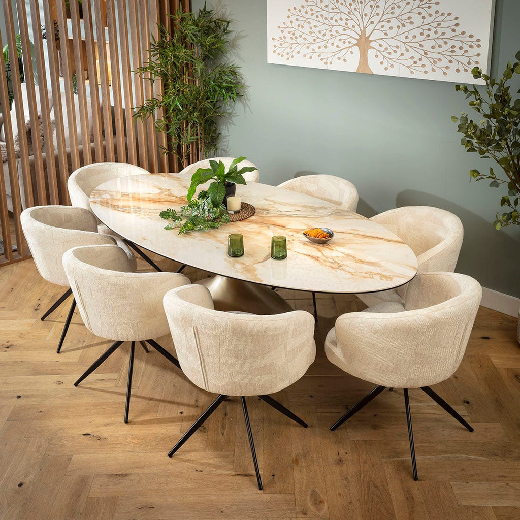 Ensemble de salle à manger ovale 8 places Lyla &amp; Venusia, en céramique crème et blanche