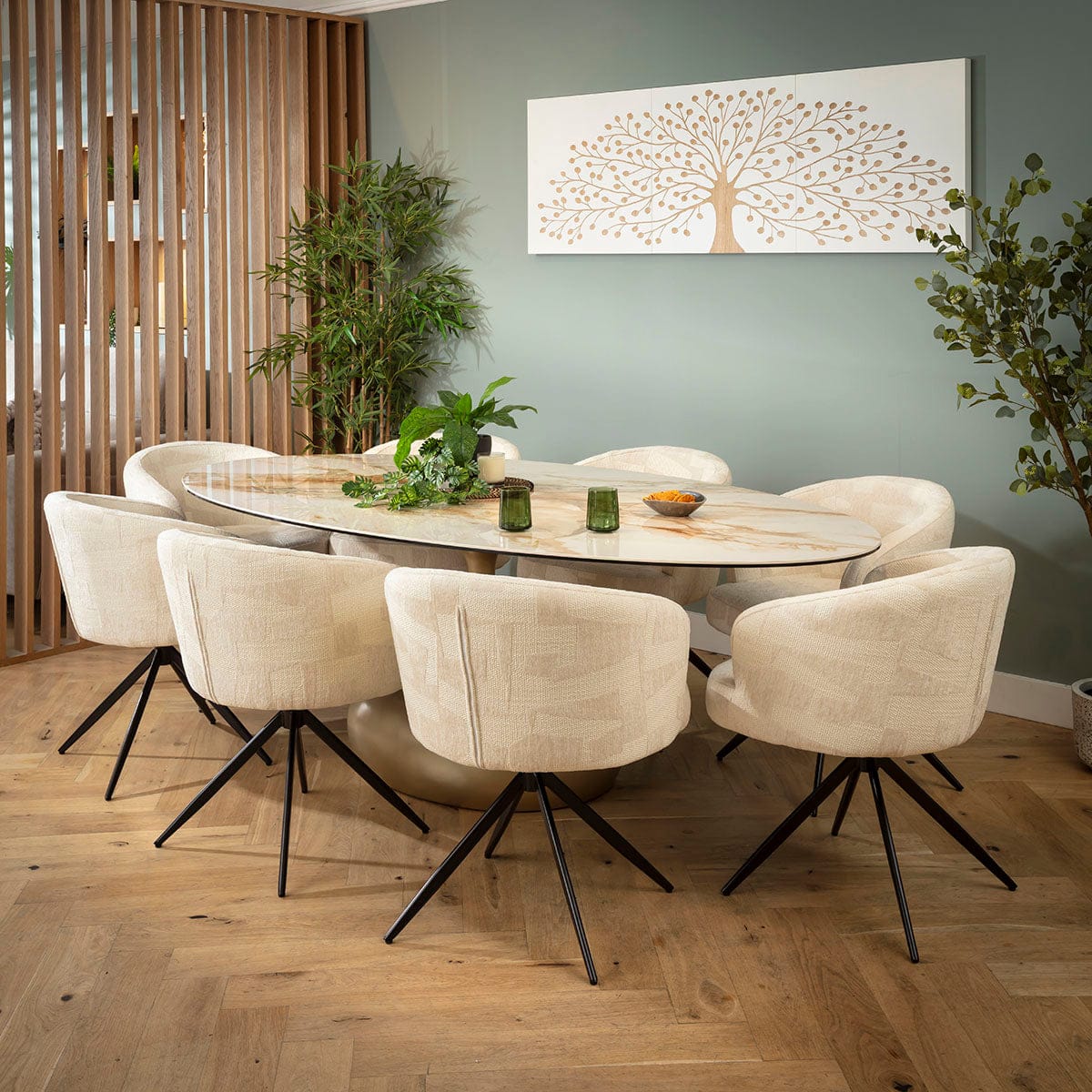 Ensemble de salle à manger ovale 8 places Lyla &amp; Venusia, en céramique crème et blanche