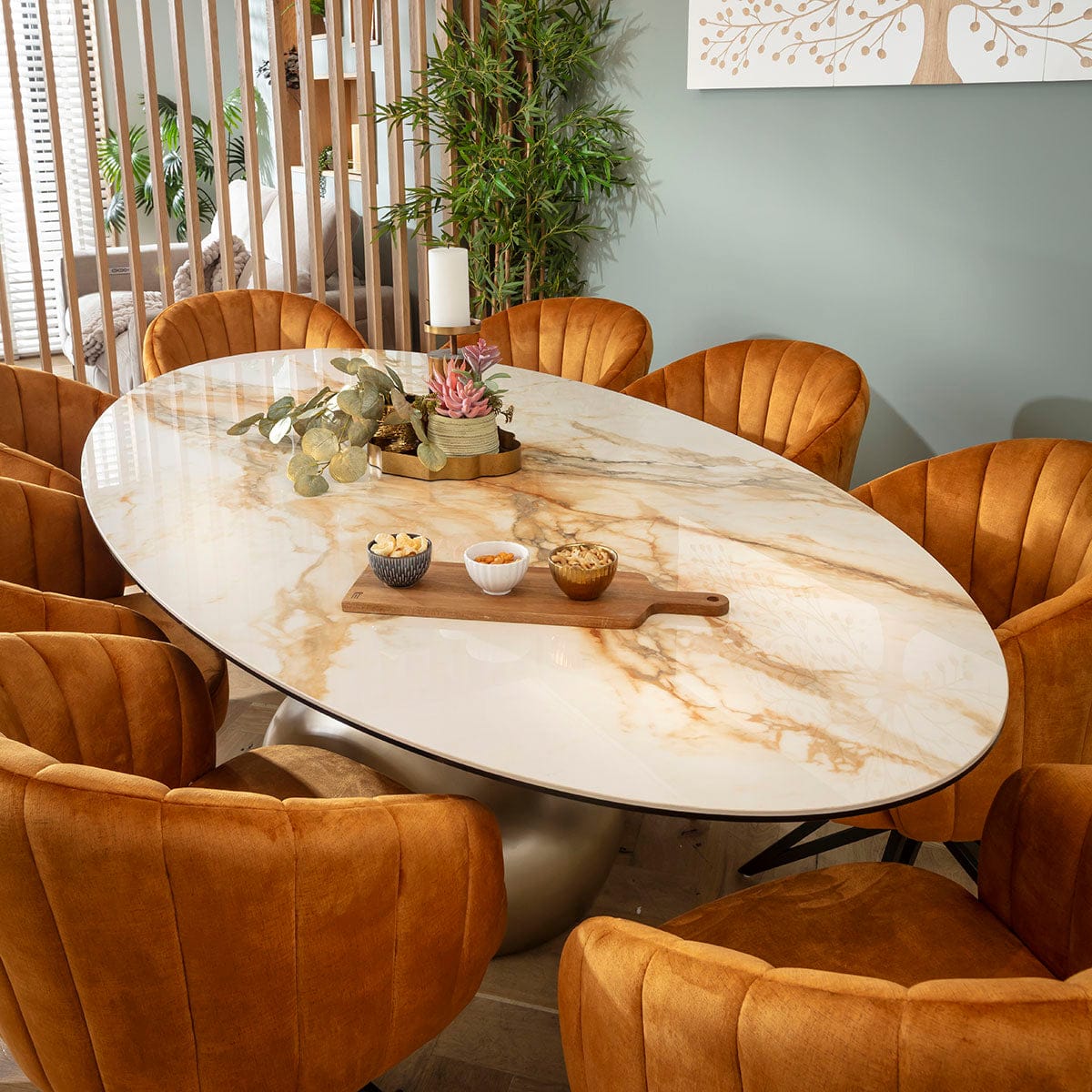 Ensemble de salle à manger ovale 8 places Hattie &amp; Venusia, céramique safran et blanche