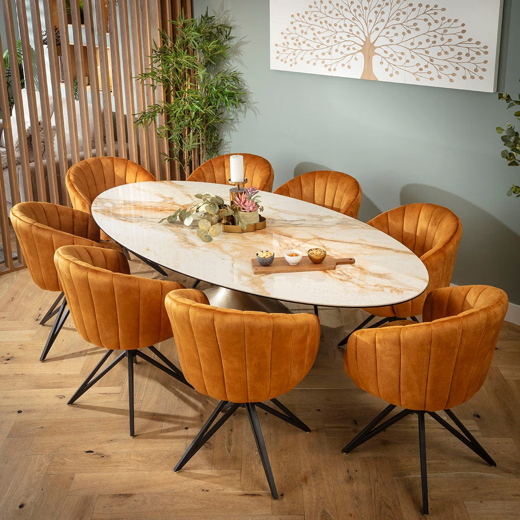 Ensemble de salle à manger ovale 8 places Hattie &amp; Venusia, céramique safran et blanche