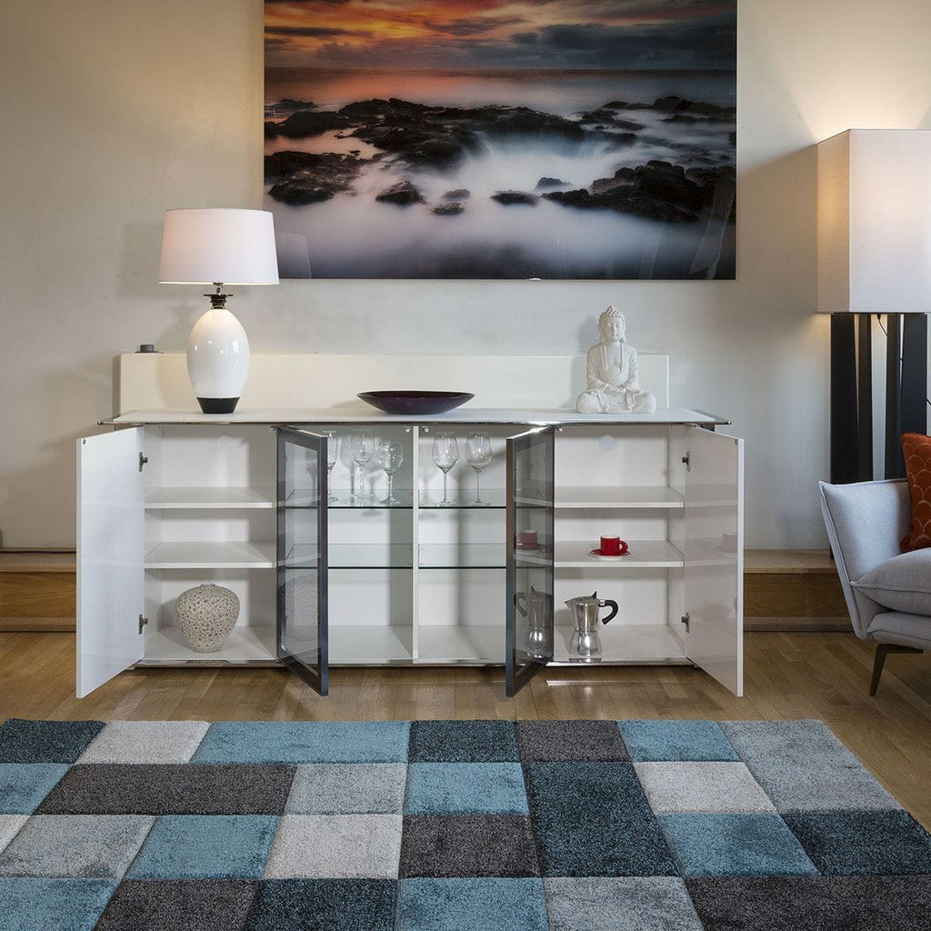 Grand buffet blanc brillant et chromé, style moderne Quatropi 233, neuf