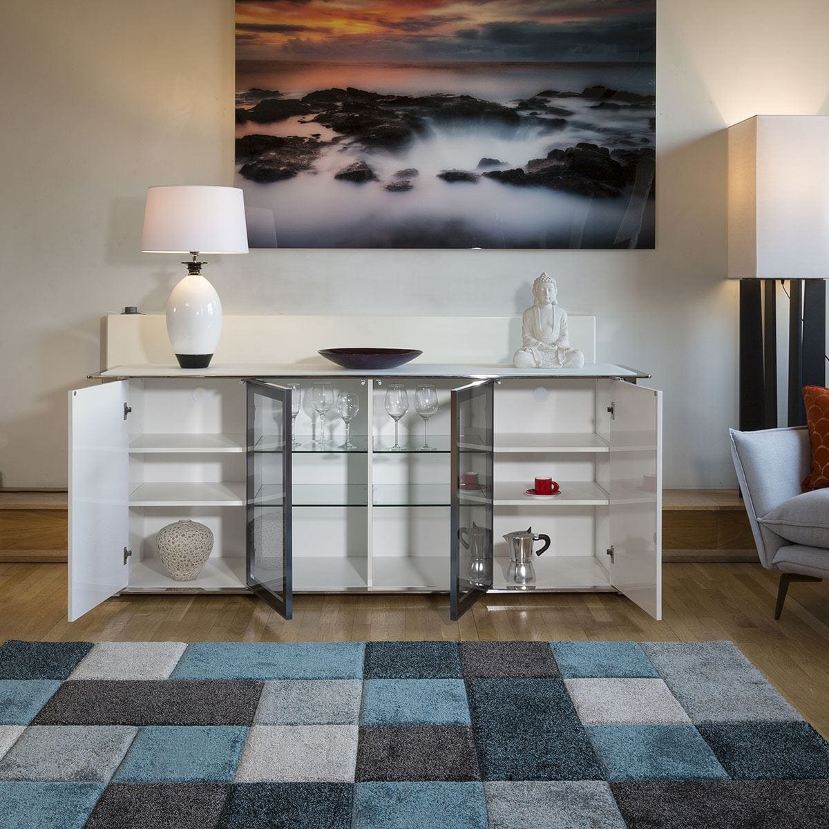 Grand buffet blanc brillant et chromé, style moderne Quatropi 233, neuf