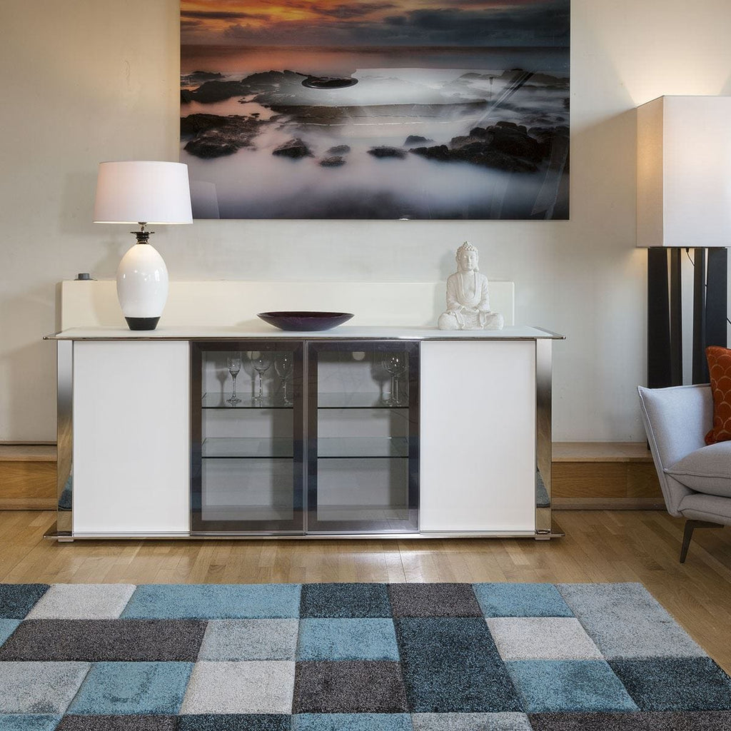 Grand buffet blanc brillant et chromé, style moderne Quatropi 233, neuf