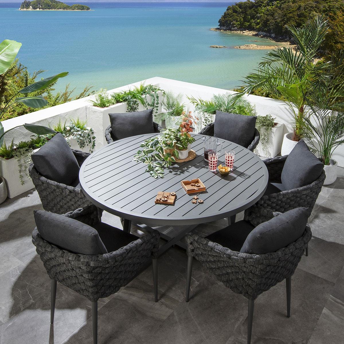 Ensemble de salle à manger d'extérieur rond Sundowner 6 places, aluminium anthracite et gris