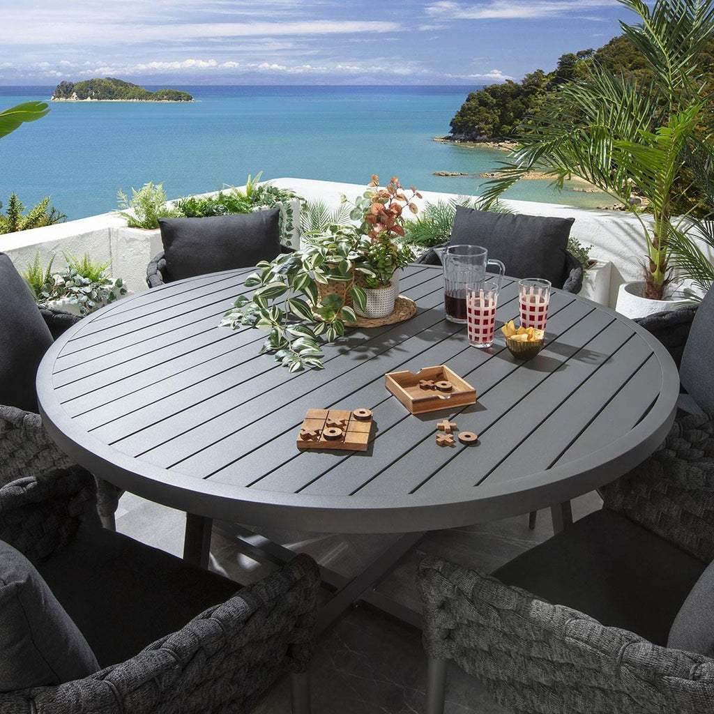 Ensemble de salle à manger d'extérieur rond Sundowner 6 places, aluminium anthracite et gris