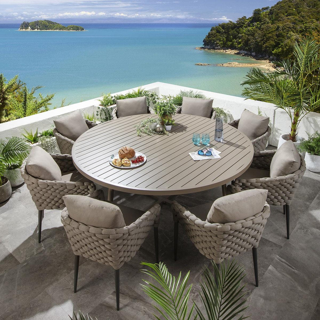 Ensemble de salle à manger d'extérieur rond Sundowner 8 places, aluminium café et beige