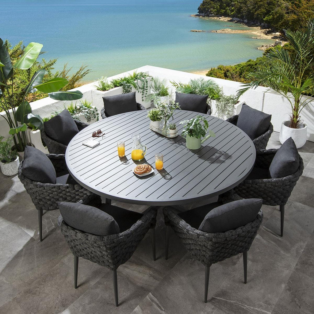 Ensemble de salle à manger d'extérieur rond Sundowner 8 places, aluminium anthracite et gris