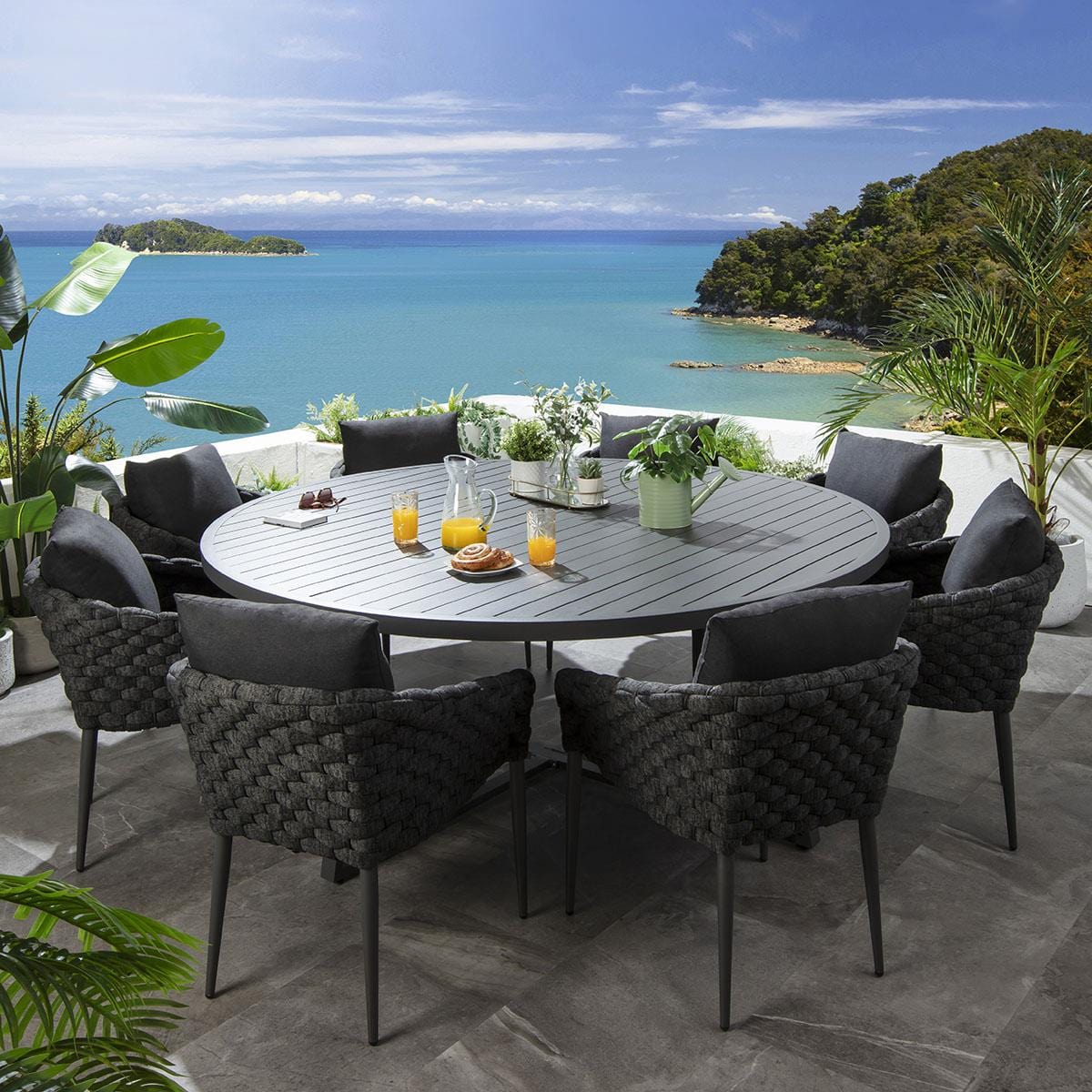 Ensemble de salle à manger d'extérieur rond Sundowner 8 places, aluminium anthracite et gris