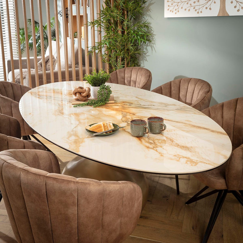 Ensemble de salle à manger ovale 6 places Hattie &amp; Venusia Luxury en céramique marron et blanche