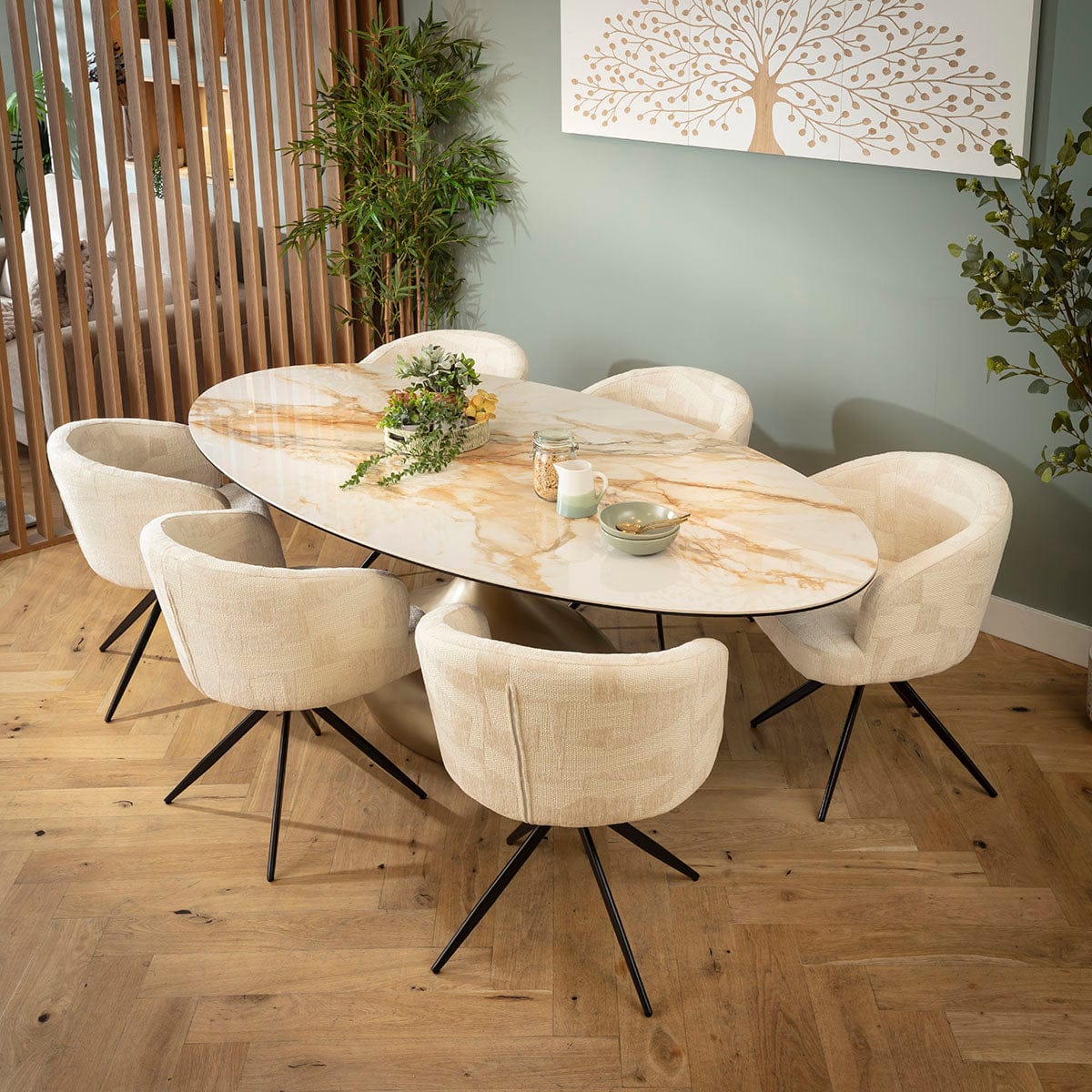 Ensemble de salle à manger ovale de luxe 6 places Lyla &amp; Venusia en céramique crème et blanche