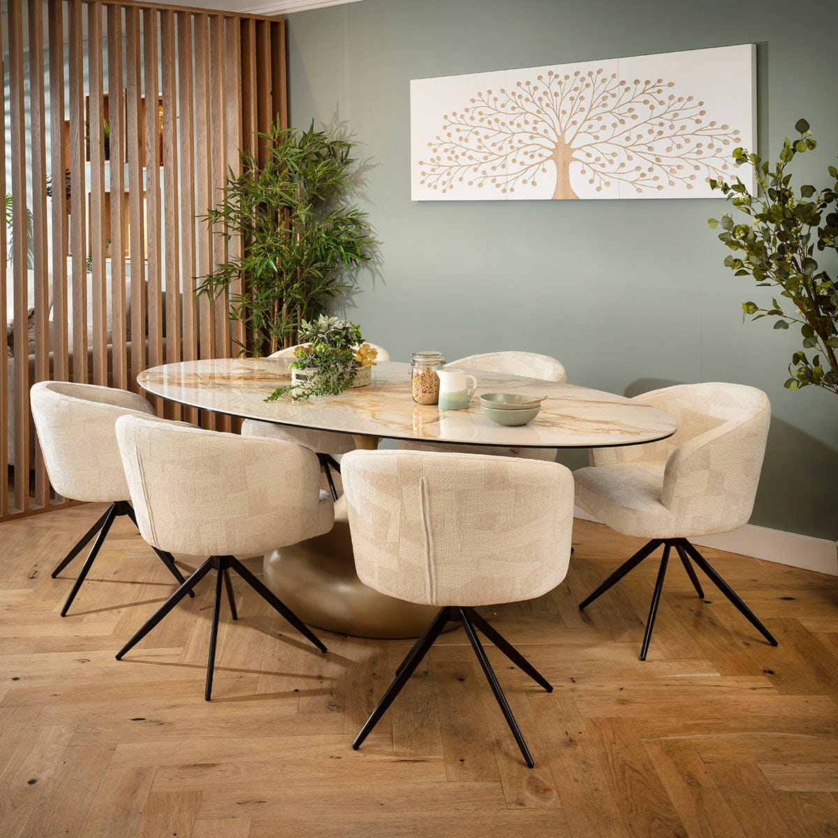 Ensemble de salle à manger ovale de luxe 6 places Lyla &amp; Venusia en céramique crème et blanche