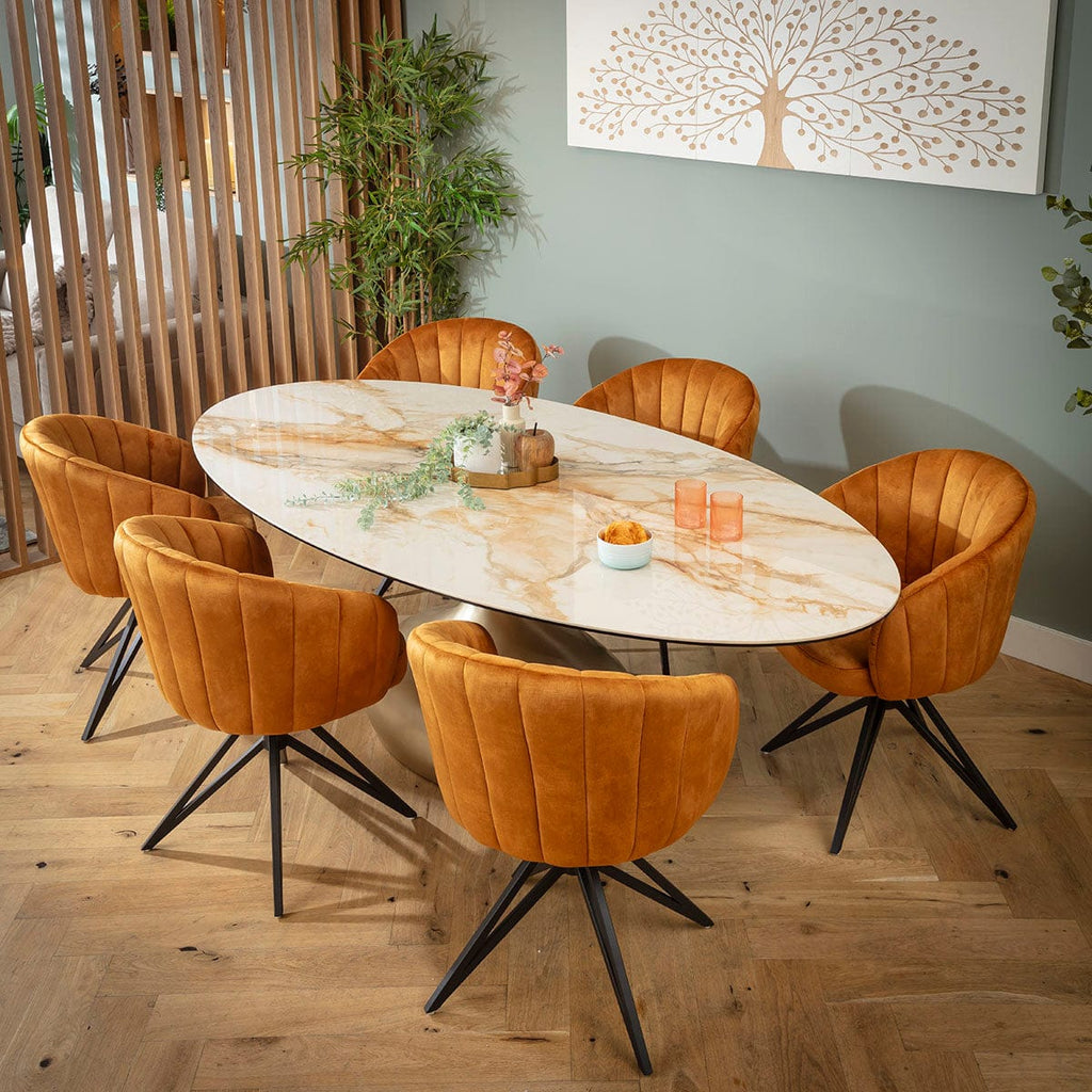 Ensemble de salle à manger ovale de luxe 6 places Hattie &amp; Venusia, céramique safran et blanche