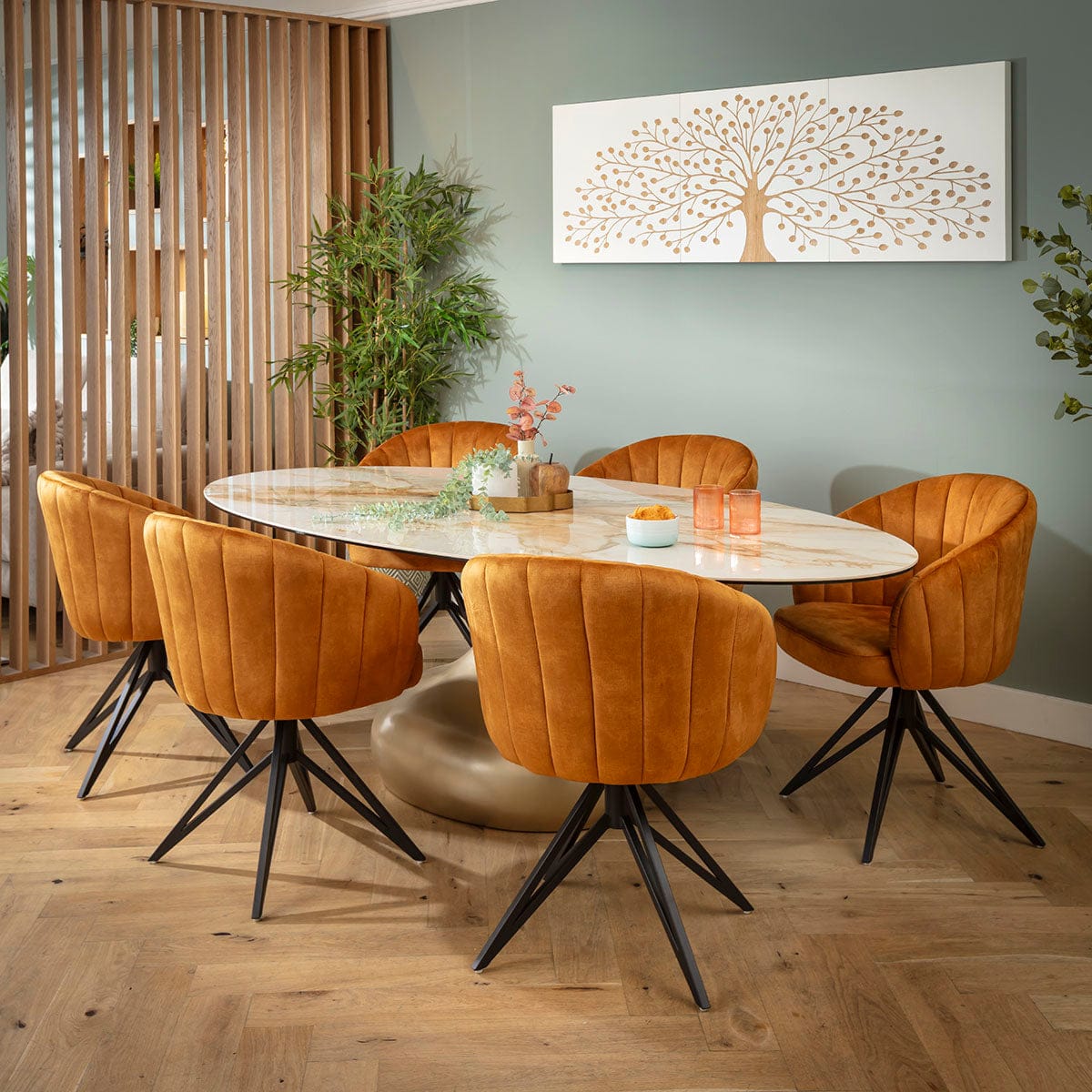 Ensemble de salle à manger ovale de luxe 6 places Hattie &amp; Venusia, céramique safran et blanche