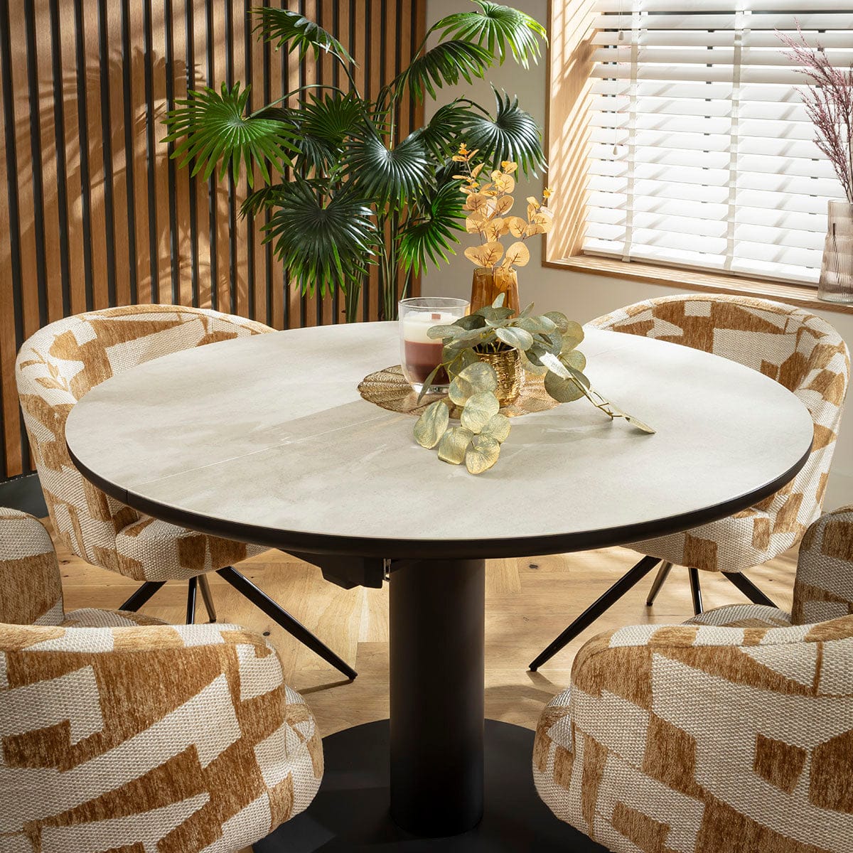 Ensemble de salle à manger rond extensible 4 places Lyla &amp; Venus en céramique jaune et gris clair