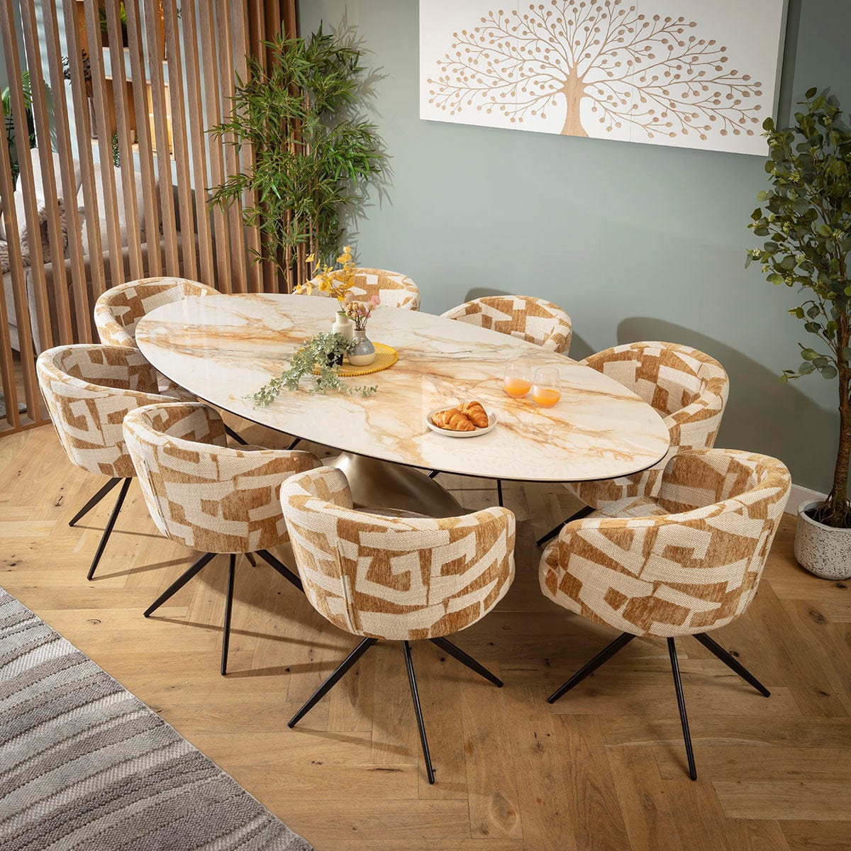 Ensemble de salle à manger ovale 8 places Lyla &amp; Venusia en céramique jaune et blanche