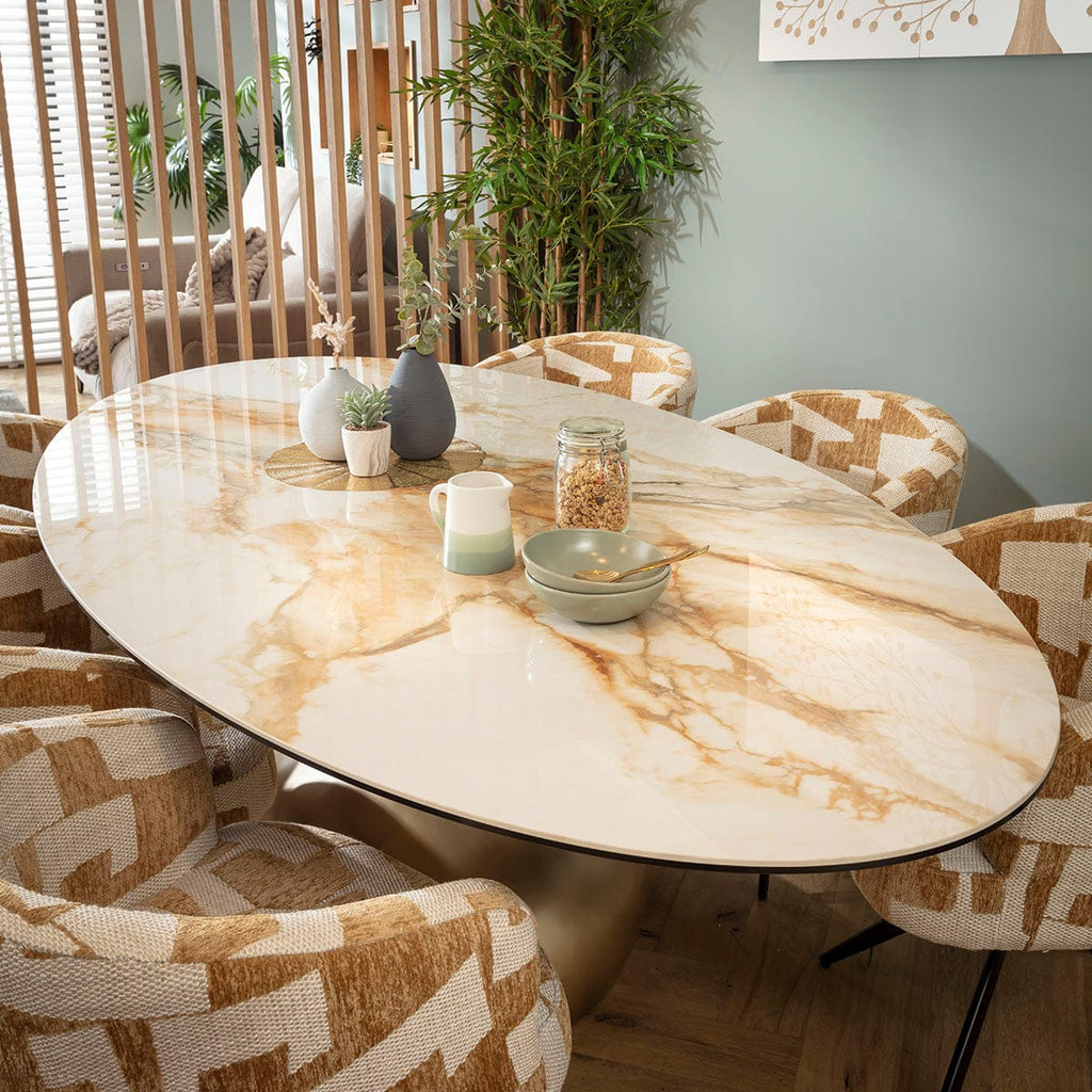 Ensemble de salle à manger ovale de luxe 6 places Lyla &amp; Venusia en céramique jaune et blanche