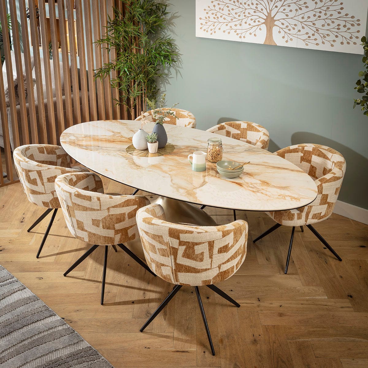 Ensemble de salle à manger ovale de luxe 6 places Lyla &amp; Venusia en céramique jaune et blanche