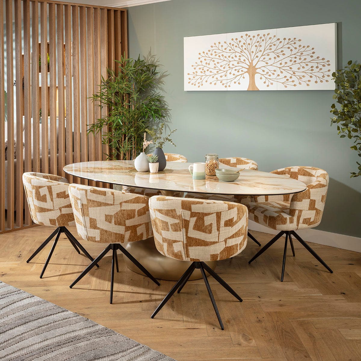 Ensemble de salle à manger ovale de luxe 6 places Lyla &amp; Venusia en céramique jaune et blanche