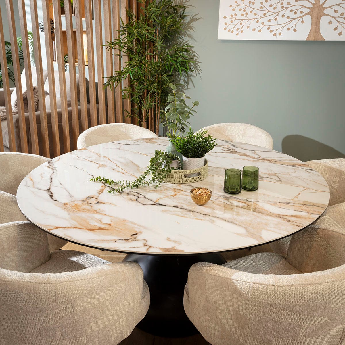 Ensemble de salle à manger rond moderne 6 places Lyla &amp; Venusia en céramique crème et blanche