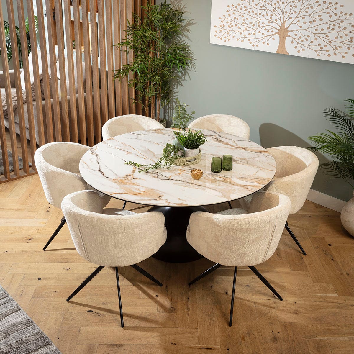 Ensemble de salle à manger rond moderne 6 places Lyla &amp; Venusia en céramique crème et blanche