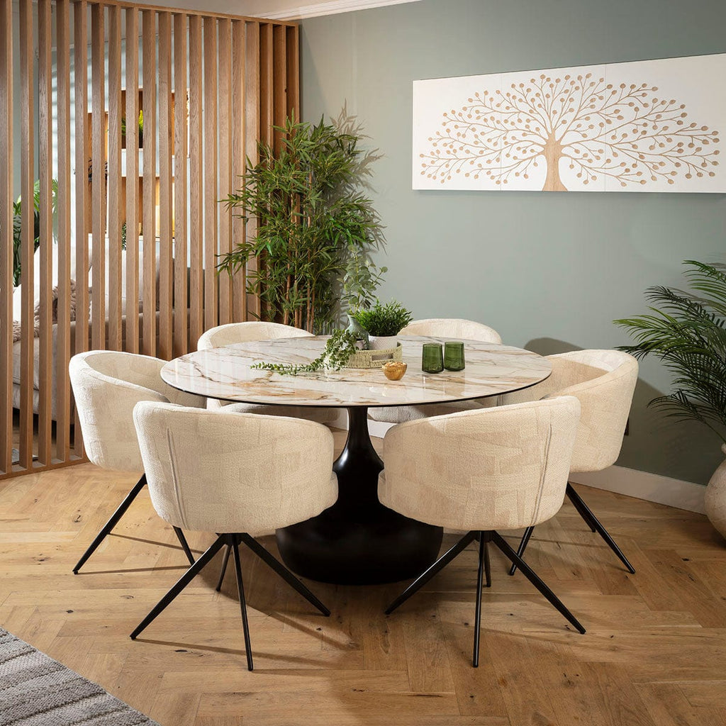 Ensemble de salle à manger rond moderne 6 places Lyla &amp; Venusia en céramique crème et blanche