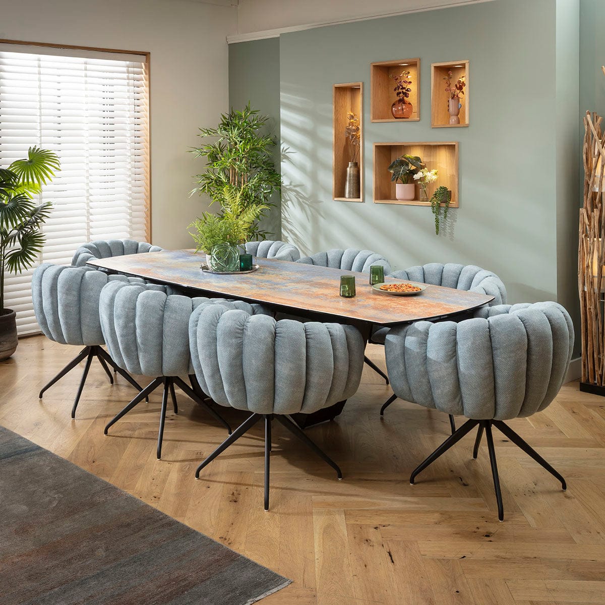 Ensemble de salle à manger extensible 8 places Maisy &amp; Zelda, grand modèle, en céramique bleue rustique